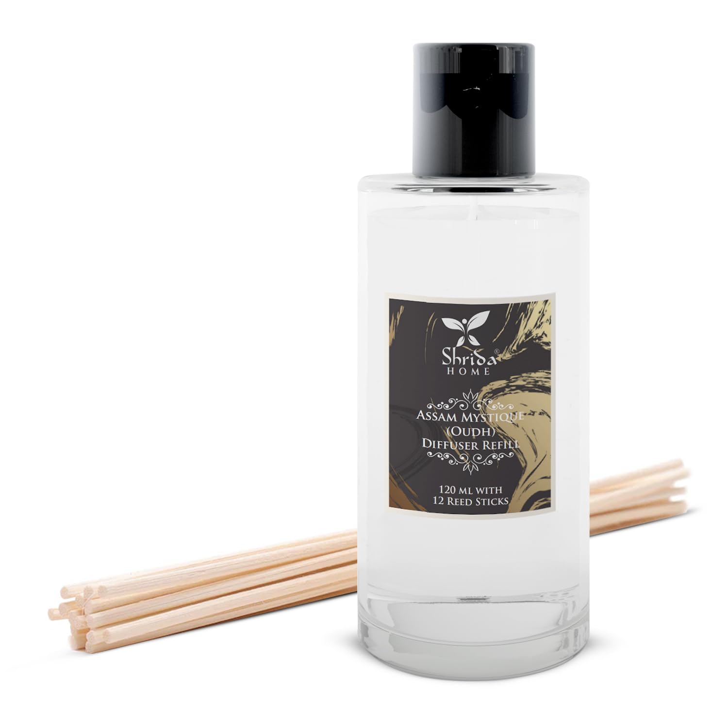 Shrida Assam Mystique Oudh Reed Diffuser Refill 120ML | Long-Lasting Aroma for Home & Office | Toxin-Free Room Freshener | Up to 45 Days Fragrance | Free Fiber Reed Sticks