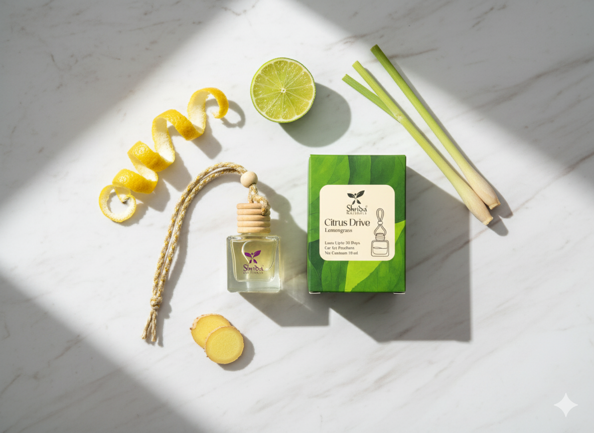 Shrida Naturals Citrus Drive Hanging Car Air Freshener | 10ml Long-Lasting Lemongrass Essential Oil Car Perfume | Natural Odor Eliminator with Wooden Diffuser Lid | Car Interior Accessory