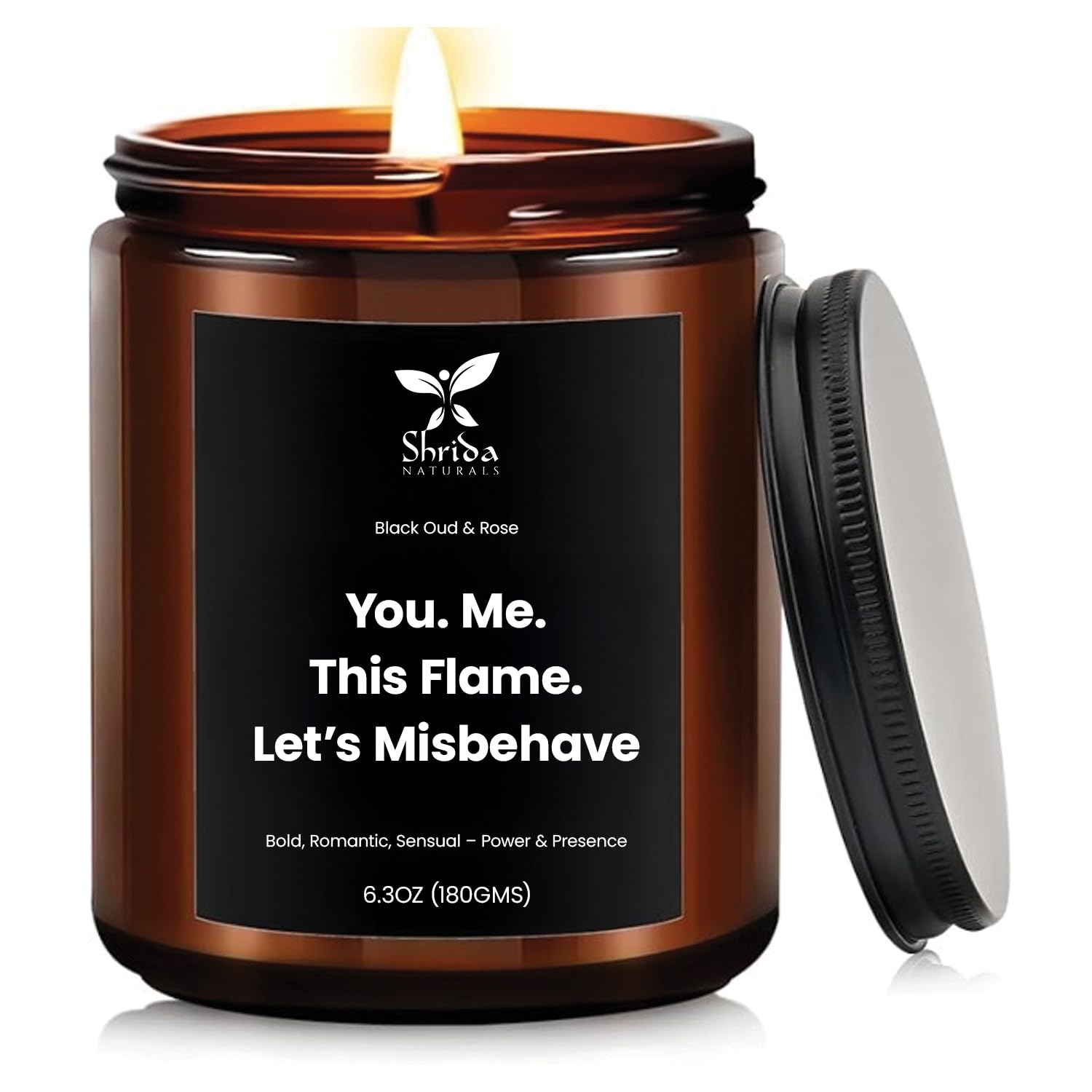 Shrida Naturals 100% Natural Soy Candle – 180g (6.3oz) - Black Oudh & Rose Misbehave | Bold & Romantic Scent | Handmade Aromatherapy Jar Candle | Long Lasting Burn | Ideal for Gifting