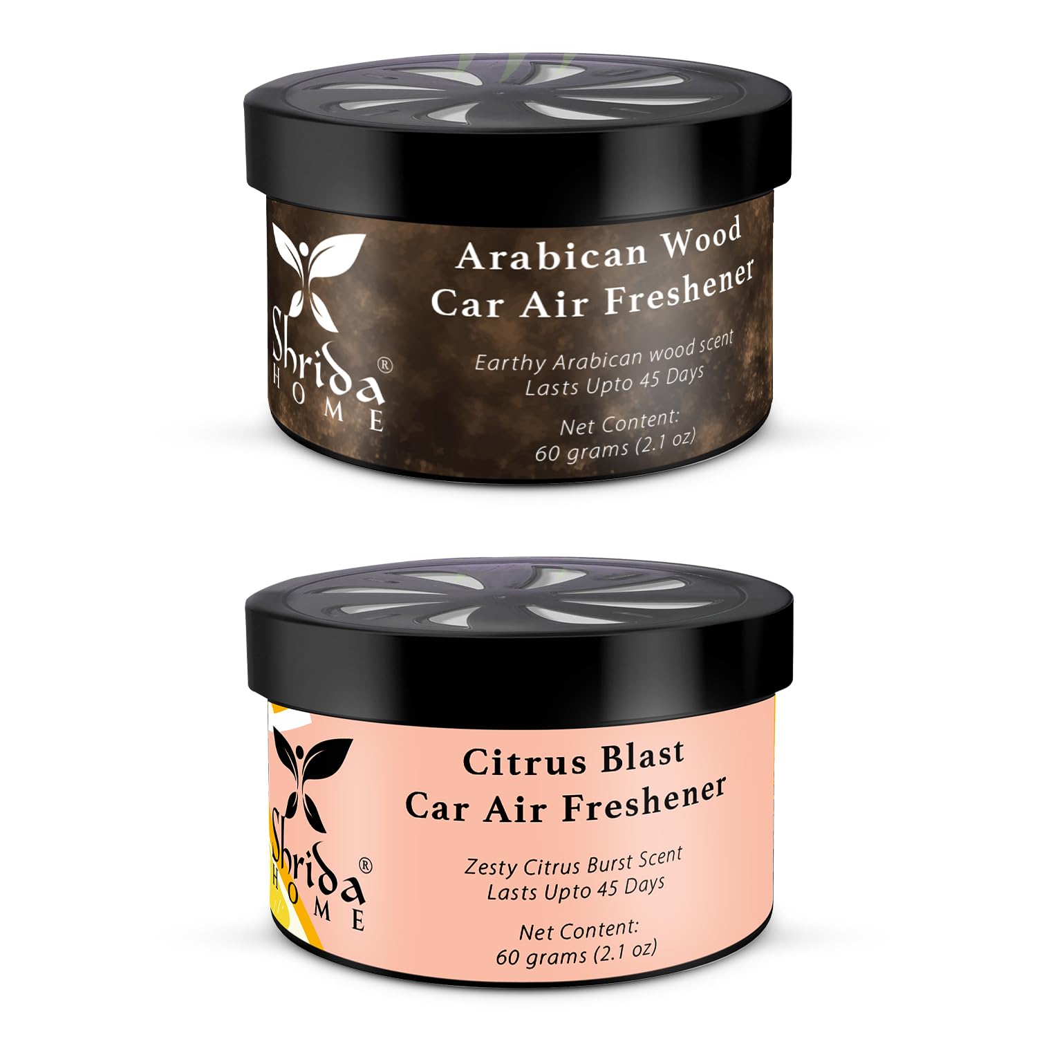 Shrida Naturals Twist-Activated Car Gel Air Freshener Arabian Wood & Moroccan Rose | Long-Lasting Fragrance & Odor Eliminator | 90 Days Freshness for Car Interior, Dashboard & Vents | Pack of 2 (120g)
