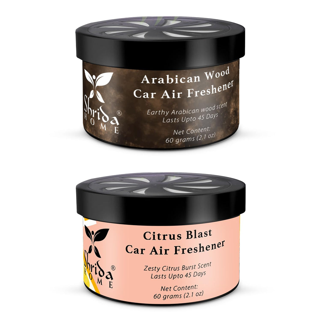 Shrida Naturals Twist-Activated Car Gel Air Freshener Citrus Blast & Moroccan Rose| Long-Lasting Fragrance & Odor Eliminator | 90 Days Freshness for Car Interior, Dashboard & Vents | Pack of 2 (120g)