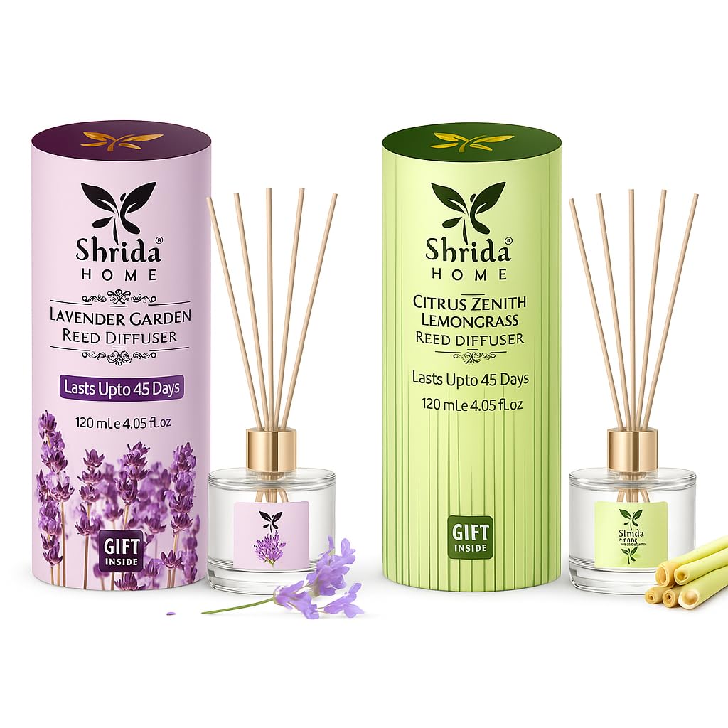 Shrida Reed Diffuser Set Lavender & Lemongrass | Toxin-Free, Long-Lasting Aromatherapy for Home, Bedroom & Office | Gifting | 12 Rattan Sticks | Stress-Relieving Scent | Pack of 2 (120 ml Each)