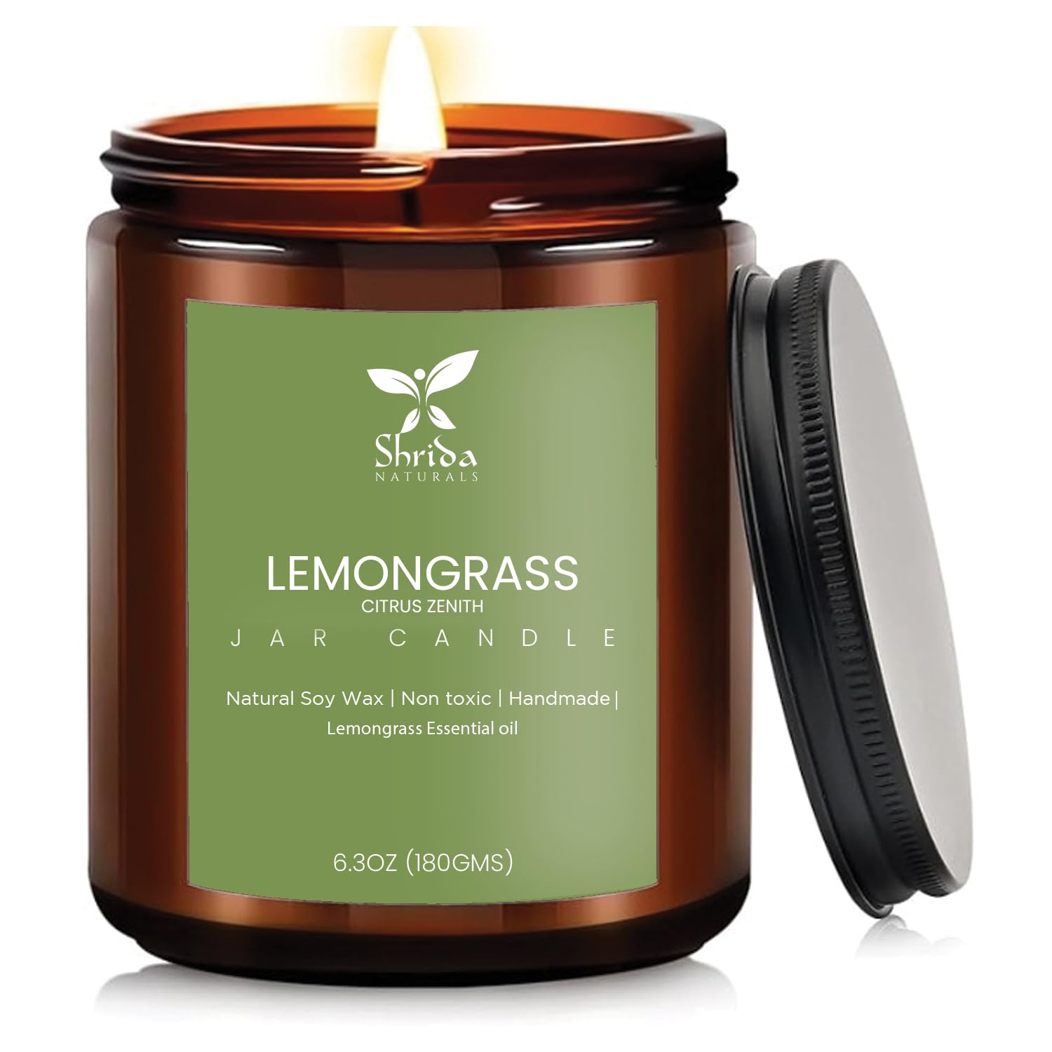 Shrida Naturals Natural Soy Jar Candle 180g (6.3oz) | Lemongrass Scented | Aromatherapy Candle for Home Decor | Long Lasting 40+ Hours Burn | Uplifting Fragrance for Bedroom & Gifting