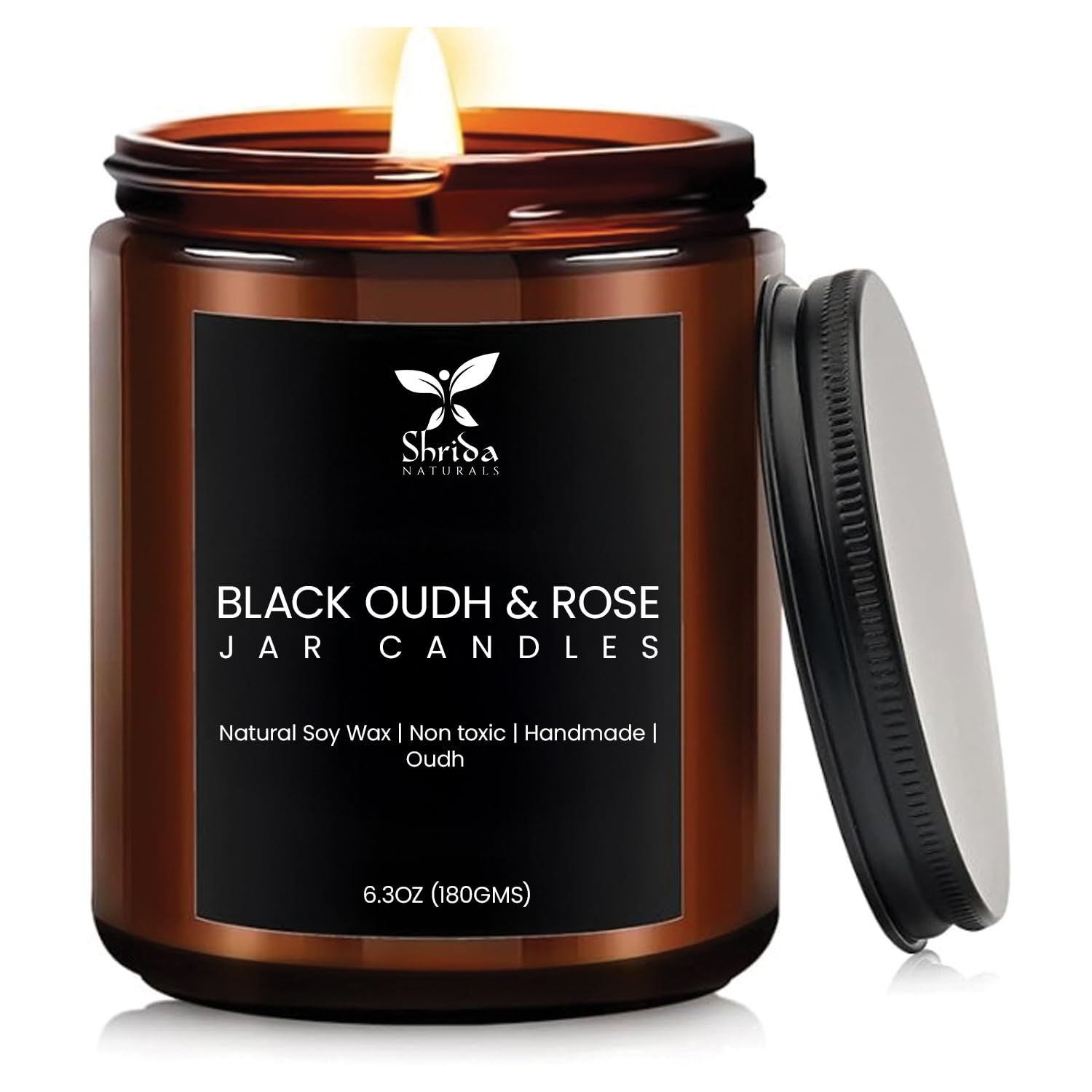 Shrida Naturals 100% Natural Soy Jar Candle 180g (6.3oz) | Oudh Scented | Aromatherapy Soy Wax Candle | Long Lasting 40+ Hours Burn | Non-Toxic, Smokeless | Home Decor & Gifting | Luxury Fragrance