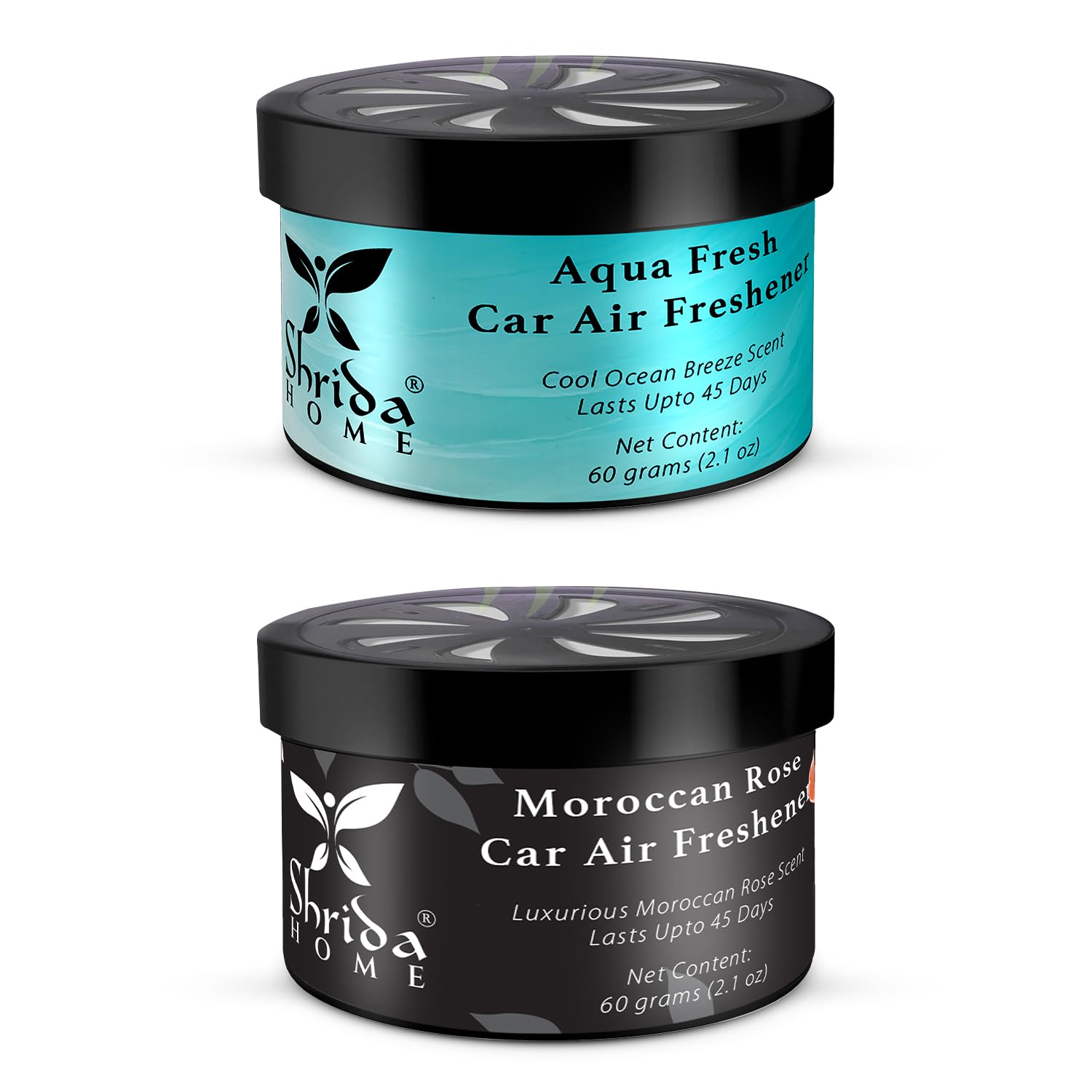 Shrida Naturals Twist-Activated Car Gel Air Freshener - Aqua Fresh & Moroccan Rose | Refreshing Long-Lasting Odor Eliminator, Car Fragrance | 90 Days Freshness for Dashboard & Vents | Pack of 2 (120g)