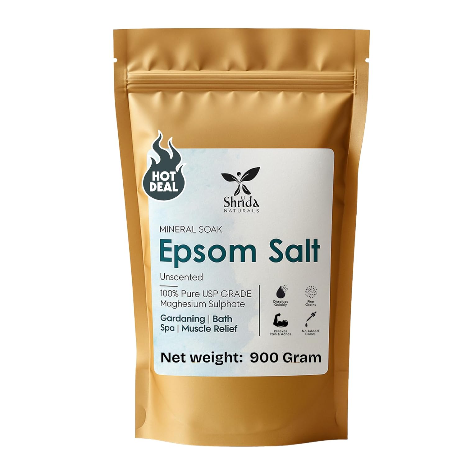 Shrida Naturals Epsom Bath Salt Crystals 900 gram | 100% Pure Unscented Magnesium Sulphate | Pain Relief & Muscle Recovery | Foot Soak, Detox Bath & Stress Relief | Reduce Soreness & Swelling