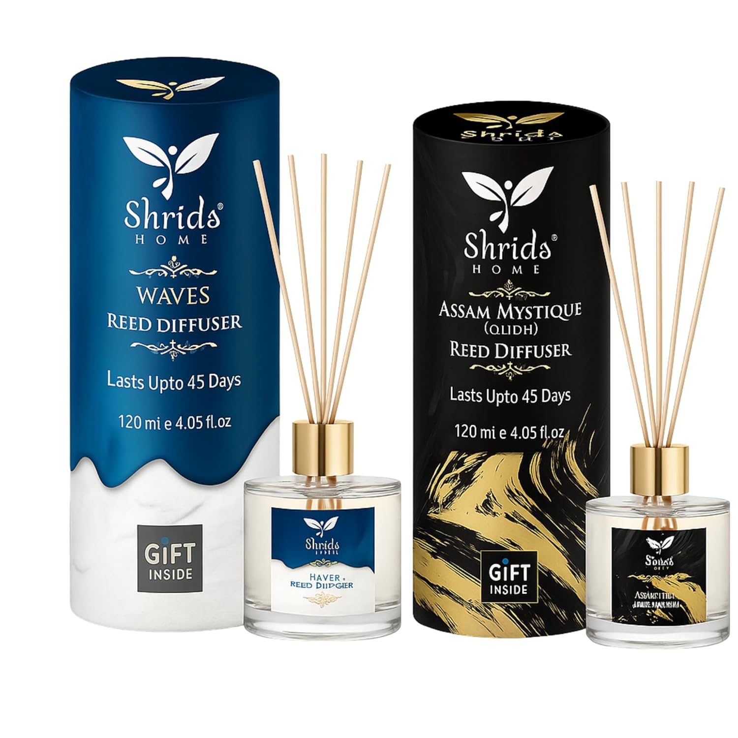 Shrida Reed Diffuser Assam Mystique Oudh & Oceanic Waves Reed Diffuser Combo | Toxin-Free, Long-Lasting Aroma for Home & Office | Refreshing Room Freshener | Pack of 2 (120ml Each) | Ideal for Gifting