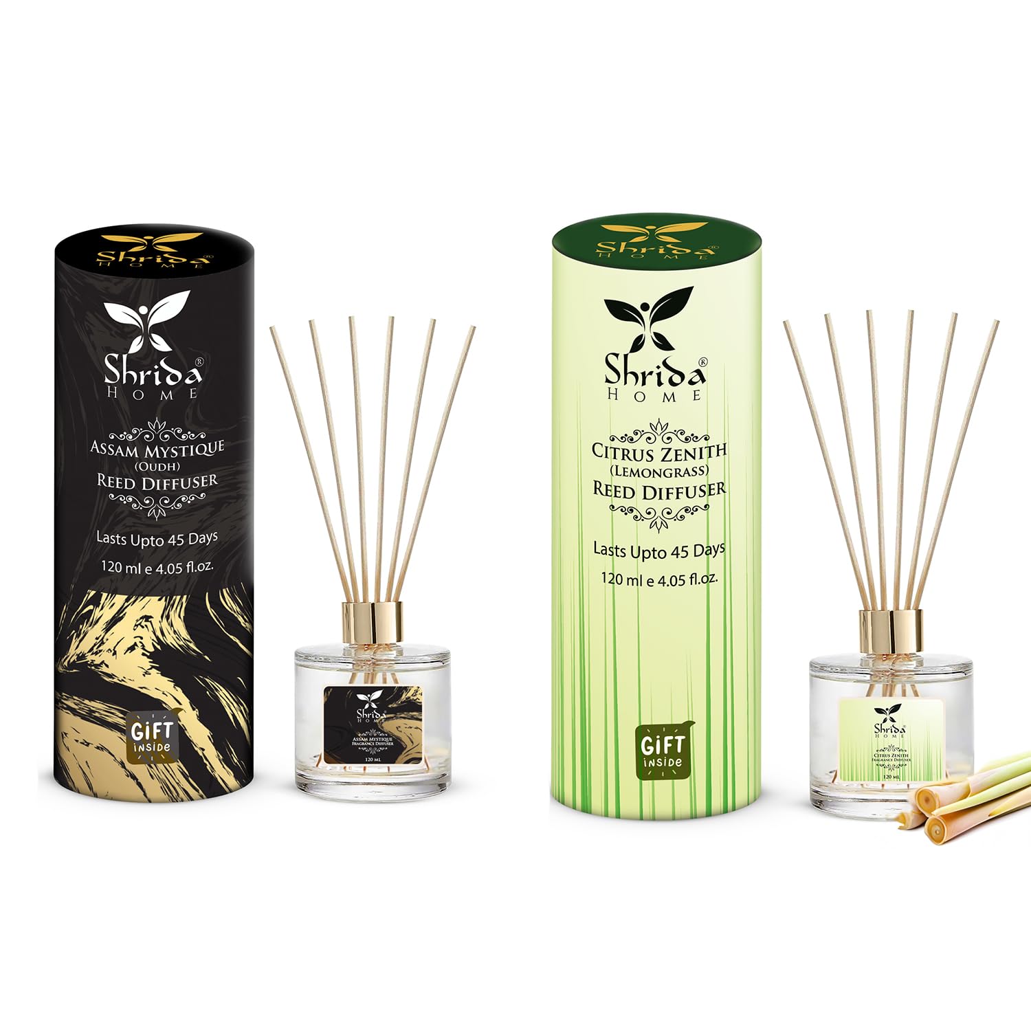 Shrida Reed Diffuser Set Lavender & Lemongrass | Toxin-Free, Long-Lasting Aromatherapy for Home, Bedroom & Office | Gifting | 12 Rattan Sticks | Stress-Relieving Scent | Pack of 2 (120 ml Each)