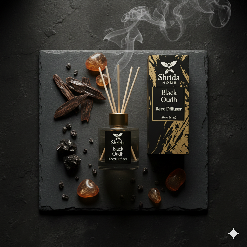 Shrida Assam Mystique Oudh Reed Diffuser | 120ml with 6 Rattan Sticks | Long-Lasting, Toxin-Free Fragrance for Home, Office & Bathroom | Rich & Exotic Aroma