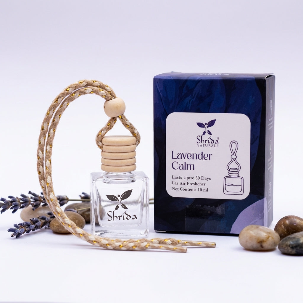 Shrida Naturals Lavender Hanging Car Air Freshener | 10ml Long-Lasting Lavender Essential Oil Car Perfume | Natural Odor Eliminator with Wooden Diffuser Lid | Car Interior Accessory