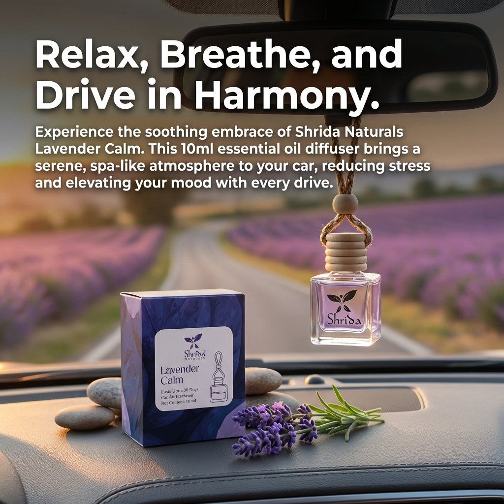 Shrida Naturals Lavender Hanging Car Air Freshener | 10ml Long-Lasting Lavender Essential Oil Car Perfume | Natural Odor Eliminator with Wooden Diffuser Lid | Car Interior Accessory