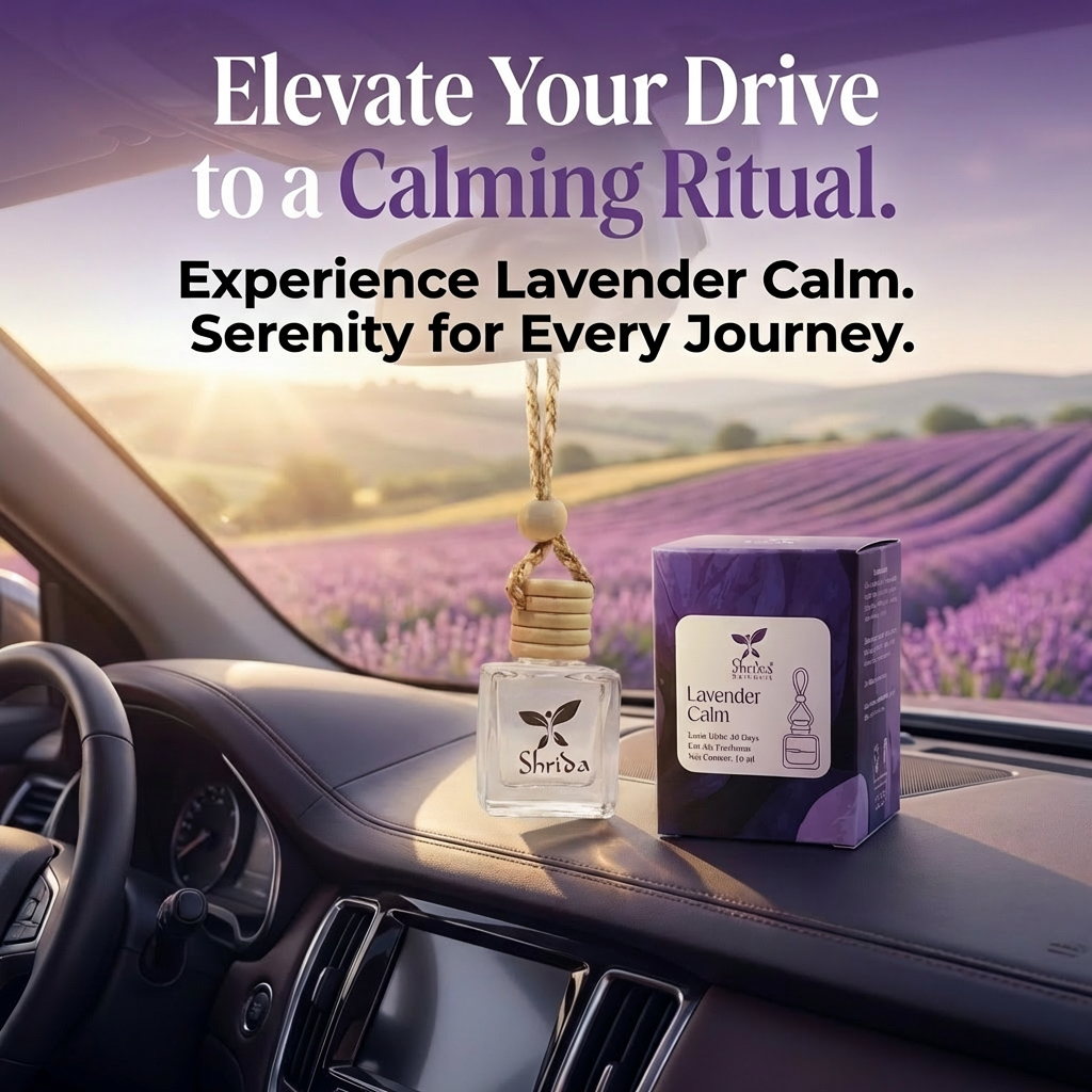 Shrida Naturals Lavender Hanging Car Air Freshener | 10ml Long-Lasting Lavender Essential Oil Car Perfume | Natural Odor Eliminator with Wooden Diffuser Lid | Car Interior Accessory