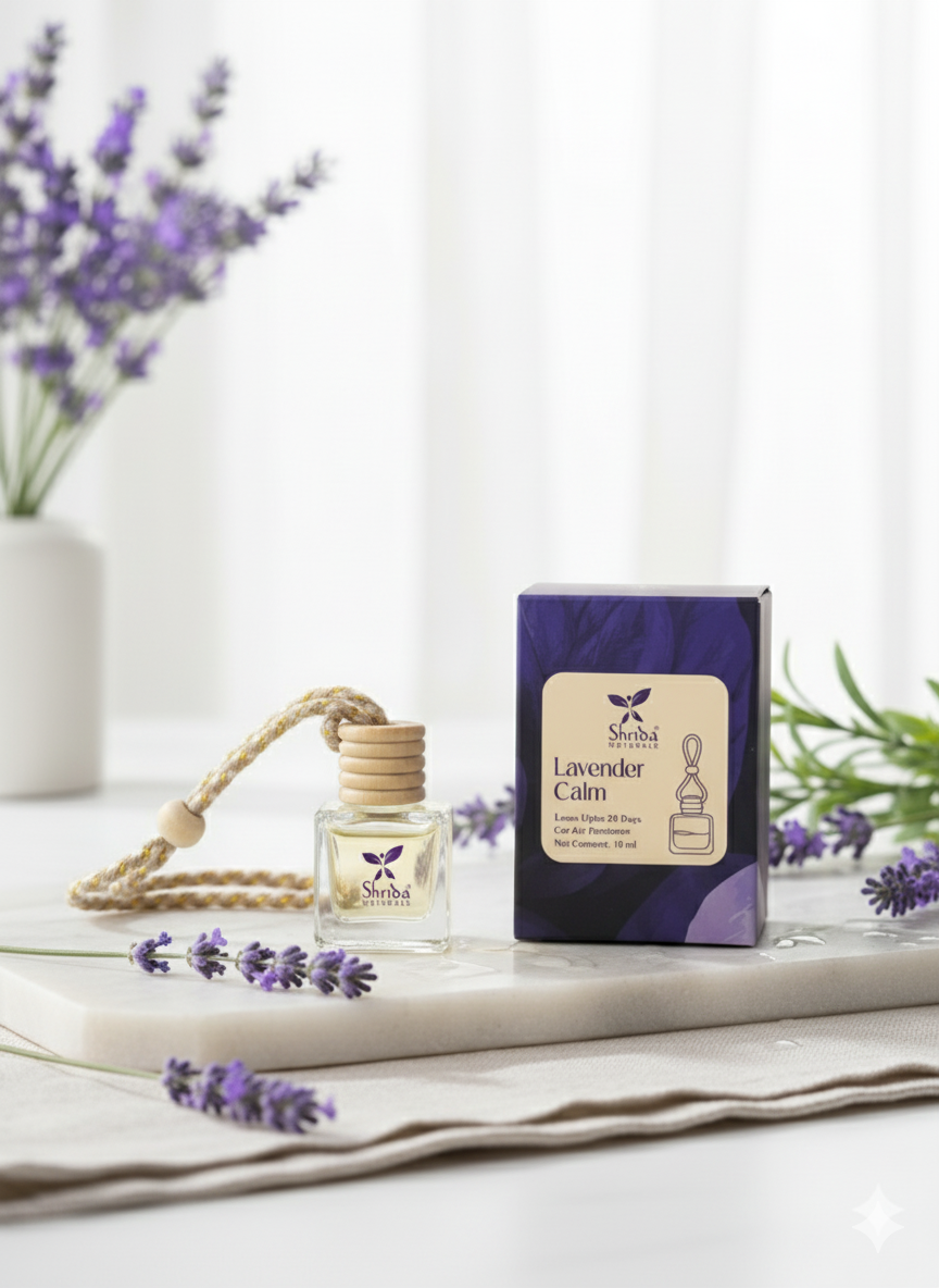 Shrida Naturals Lavender Hanging Car Air Freshener | 10ml Long-Lasting Lavender Essential Oil Car Perfume | Natural Odor Eliminator with Wooden Diffuser Lid | Car Interior Accessory