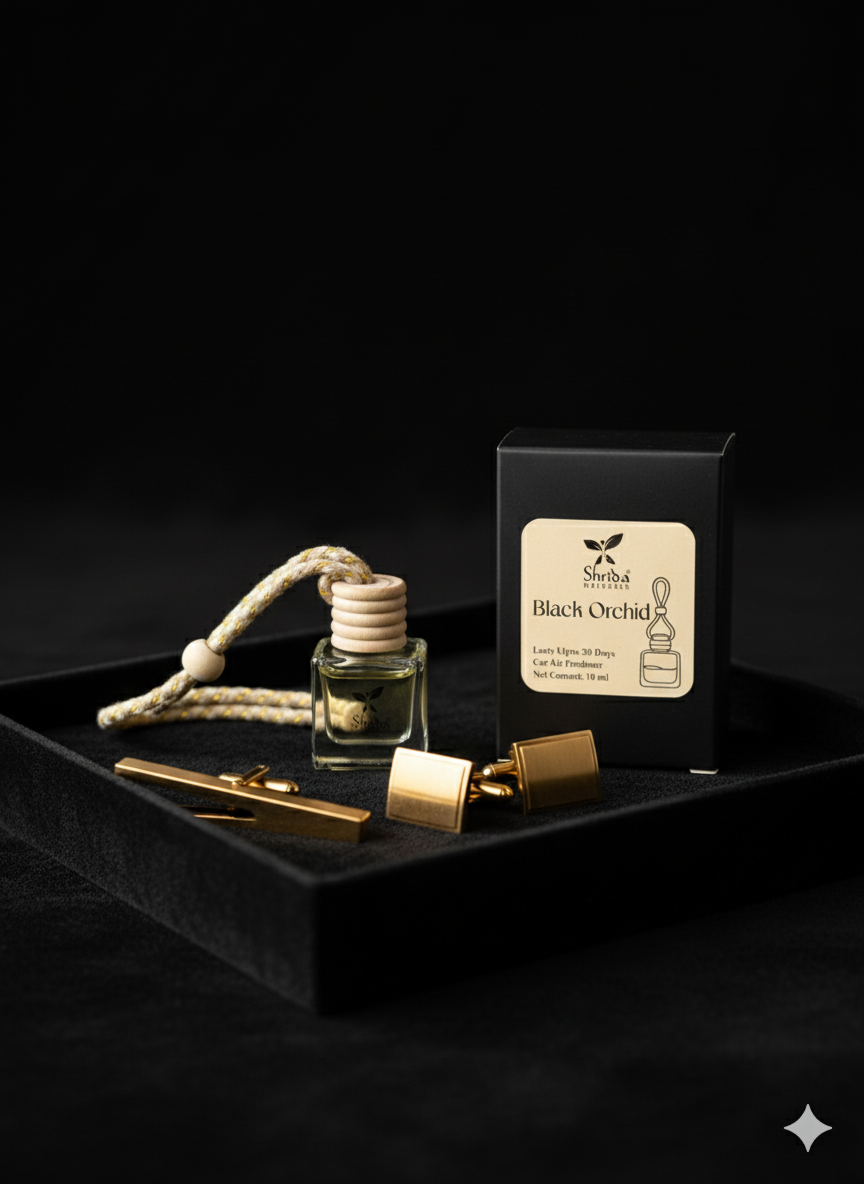 Shrida Naturals Black Orchid Hanging Car Air Freshener | 10ml Long-Lasting Luxury Car Perfume with Wooden Diffuser Lid | Essential Oil-Based Scent | Natural Odor Eliminator & Interior Accessory