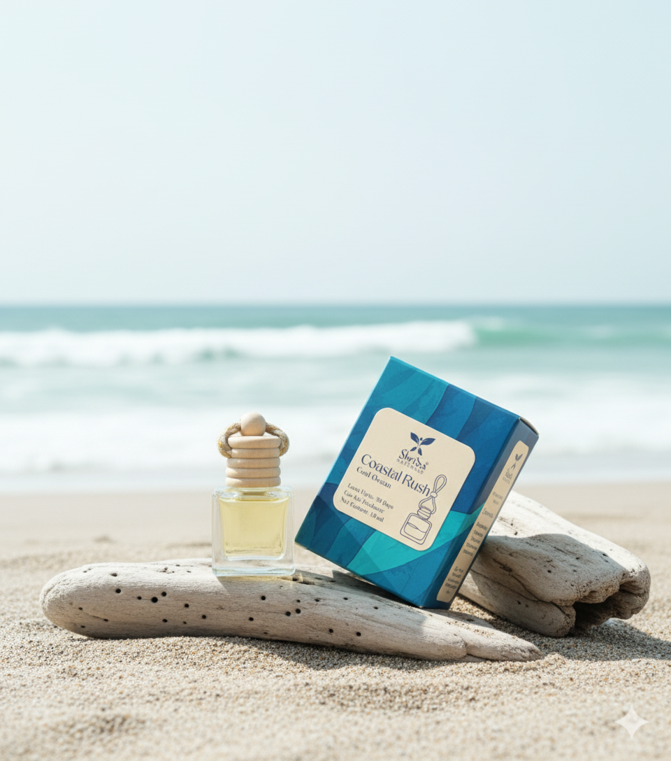 Shrida Naturals Coastal Rush Hanging Car Air Freshener | 10ml Long-Lasting Ocean Scent Car Perfume | Natural Odor Eliminator with Wooden Diffuser Lid | Luxury Car Interior Accessory
