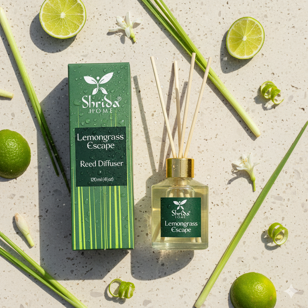 Shrida Citrus Zenith Lemongrass Reed Diffuser Set 120ML | Long-Lasting & Toxin-Free Fragrance | Includes 6 Rattan Sticks | Stress-Relieving Room Freshener for Home, Office & Bathroom