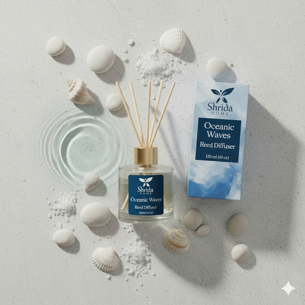 Shrida Oceanic Waves Reed Diffuser | 120ml | 6 Rattan Sticks | Toxin-Free Long-Lasting Room Freshener for Home, Office & Bathroom | Stress-Relief & Aromatherapy | Ideal Gift for Any Occasion